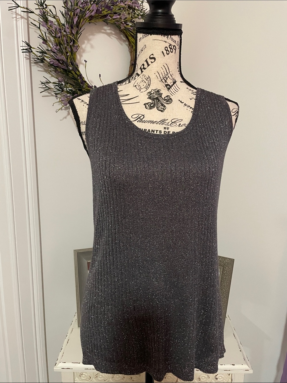Chico’s Metallic Ribbed Scoop Neck Tank Top - Black/ Gray in XL